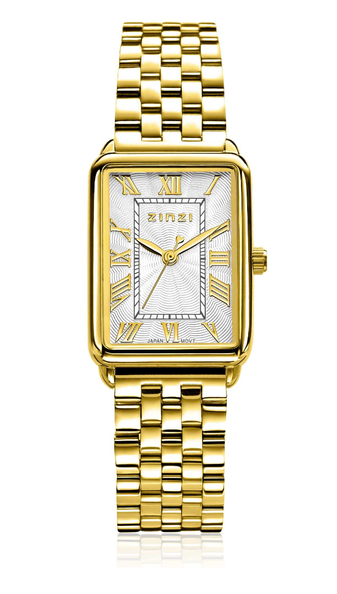 Het ZINZI Elegance horloge heeft een tijdloos rechthoekig ontwerp. De ronde hoeken zorgen voor een mooie look en extra draagcomfort. Met zijn goudkleurige stalen kast van 28 x 21mm oogt dit horloge elegant op iedere pols. De sierlijke romeinse cijfers en wijzers geven de wijzerplaat een mooie uitstraling. Voorzien van een witte wijzerplaat en geelvergulde stalen schakelband. De band is eenvoudig te verwisselen door het handige schuifsysteem aan de achterkant. Extra kwaliteit: Voorzien van een extra dun Japans kwaliteitsuurwerk, sterk mineraal glas en het horloge is 3atm waterbestendig (tegen regen en spatwater).
